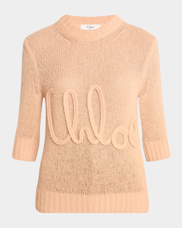 Logo Embroidered Open-Knit 3/4-Sleeve Sweat